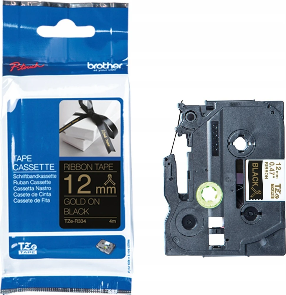 BROTHER TZE-R334 satininė juostelė - auksinis tekstas ant juodos juostelės, 12 mm
