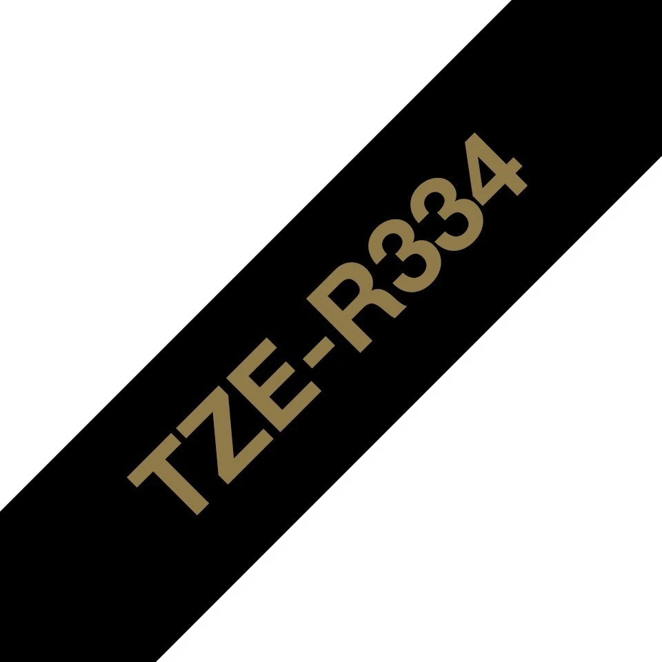 BROTHER TZE-R334 satininė juostelė - auksinis tekstas ant juodos juostelės, 12 mm