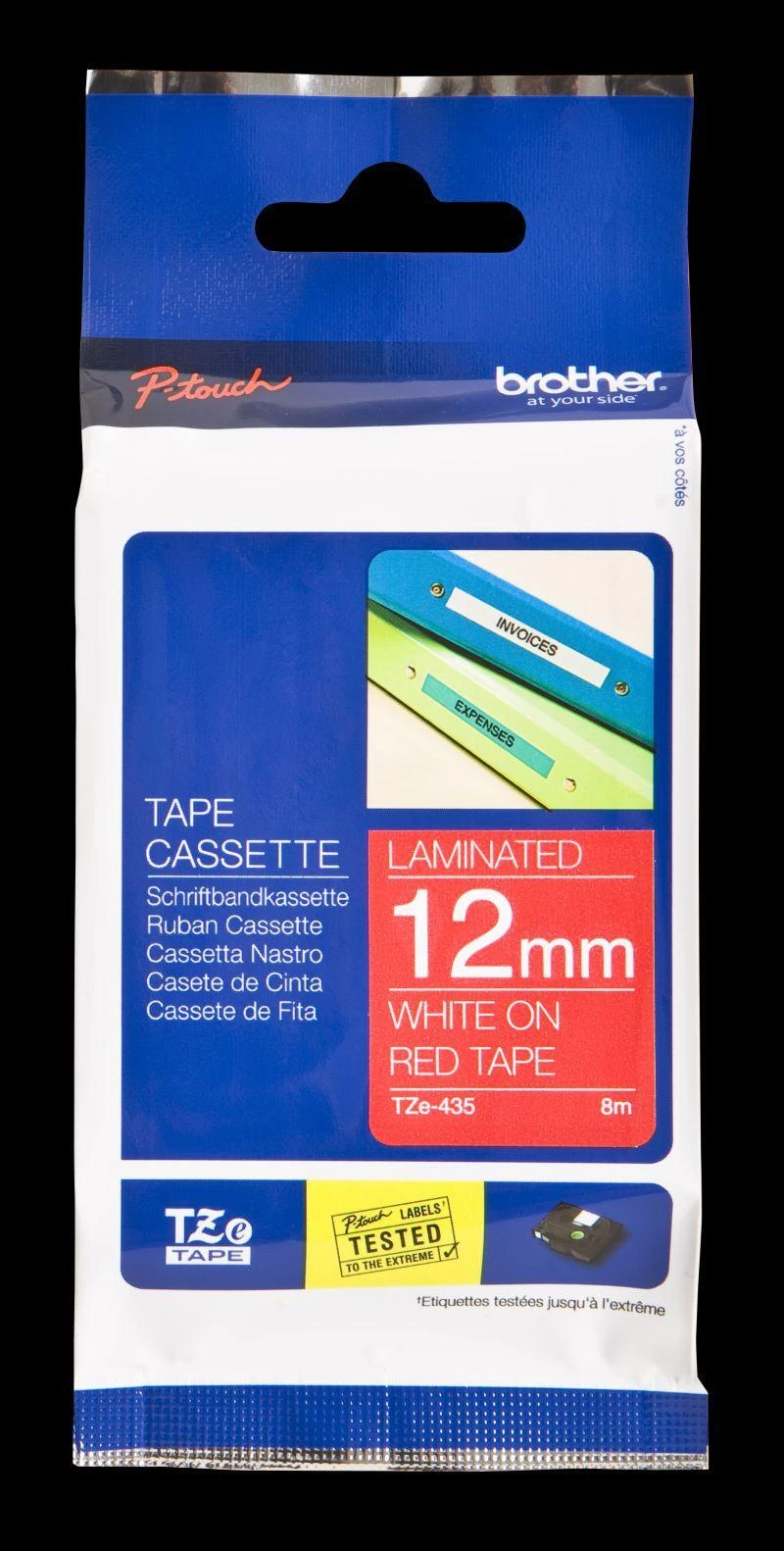 Brother | TZe-435 Laminated Tape | Baltas on Raudona | TZe | 8 m | 1.2 cm