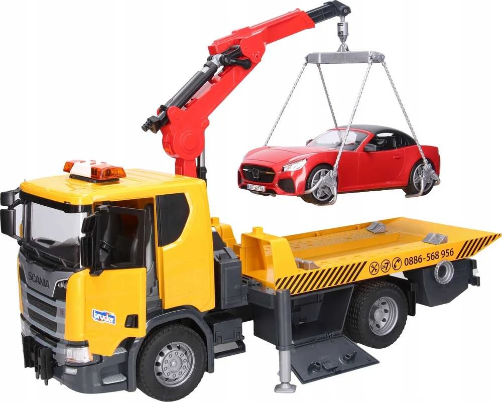 Tralas su kranu ir automobiliu Scania Bruder 3552