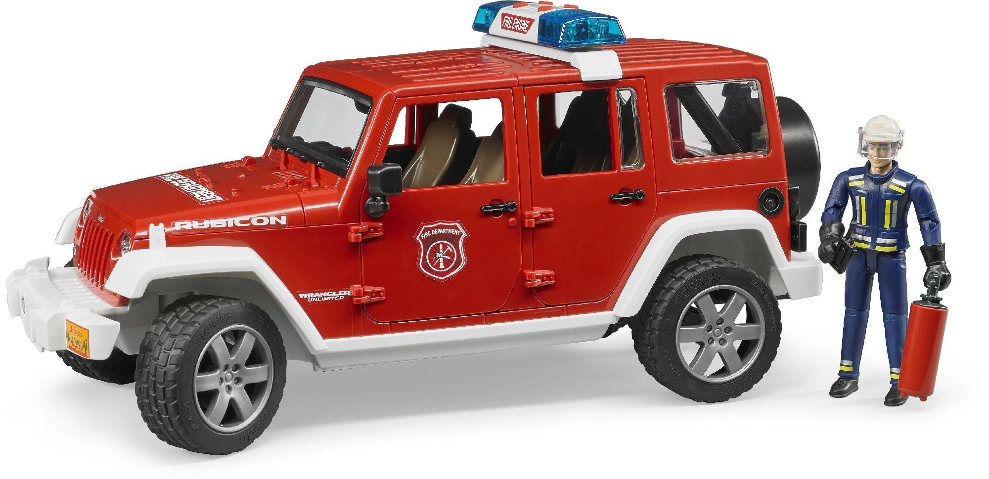 BRUDER 1:16 Jeep Wrangler gaisrinės automobilis su ugniagesiu, 02528