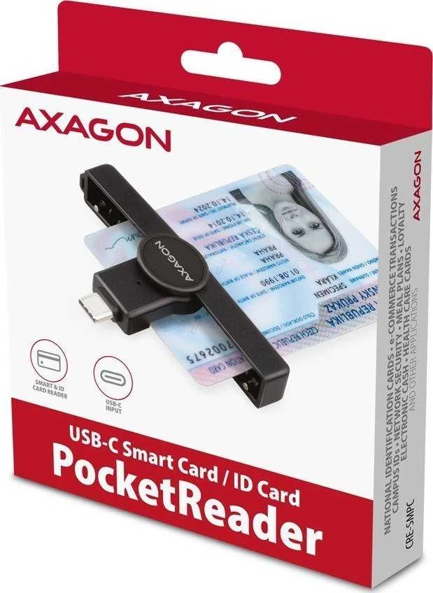 „Axagon“ sulankstomas kišeninis USB-C išmaniųjų / ID kortelių skaitytuvas.