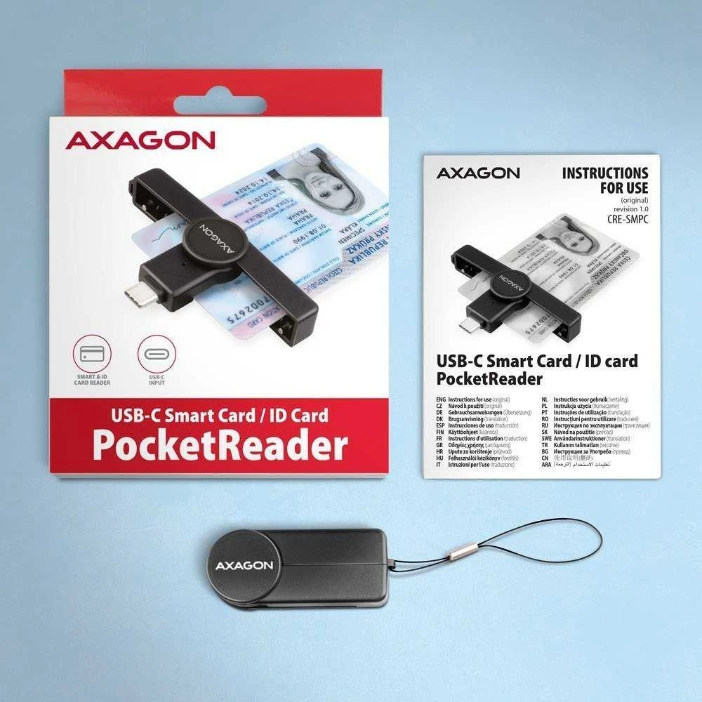 „Axagon“ sulankstomas kišeninis USB-C išmaniųjų / ID kortelių skaitytuvas.