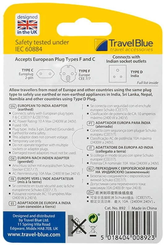 Blue Mėlyna TRAVEL Mėlynas Adapteris Shucko -> Indija