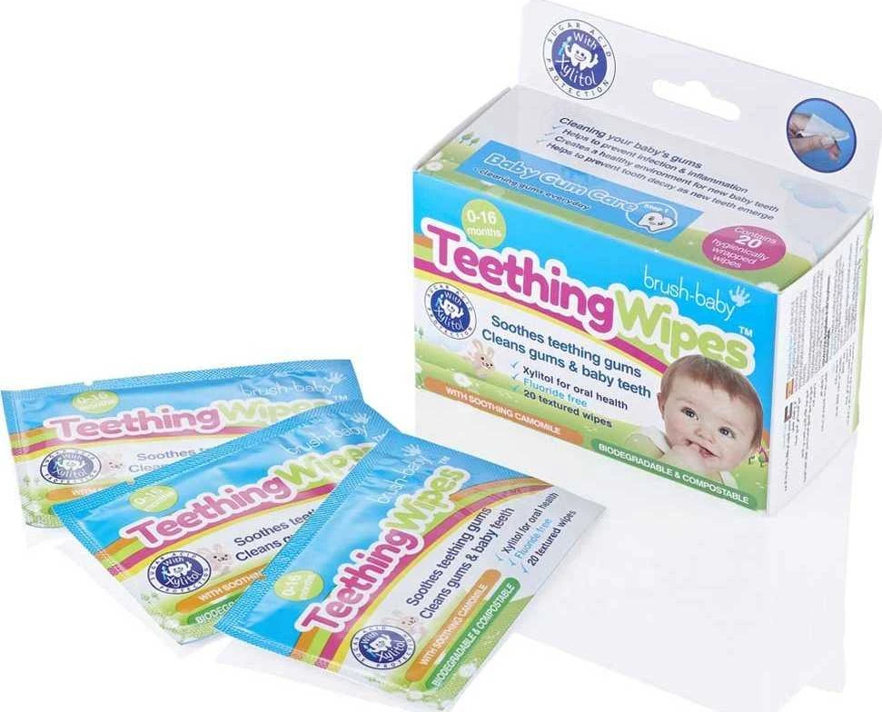 BRUSH BABY_Higienos marlės pagalvėlės su ramunėlėmis ir ksilitolu dantenoms valyti 0-16 mėnesių 20 vnt.