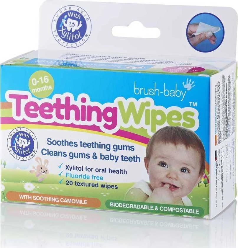 BRUSH BABY_Higienos marlės pagalvėlės su ramunėlėmis ir ksilitolu dantenoms valyti 0-16 mėnesių 20 vnt.