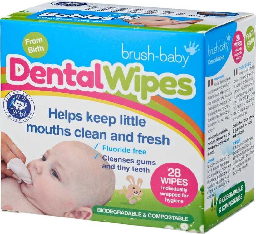 BRUSH BABY_Dantų servetėlės Servetėlės su ksilitoliu dantenoms ir pieniniams dantukams valyti 0-16 mėn. 28 vnt.