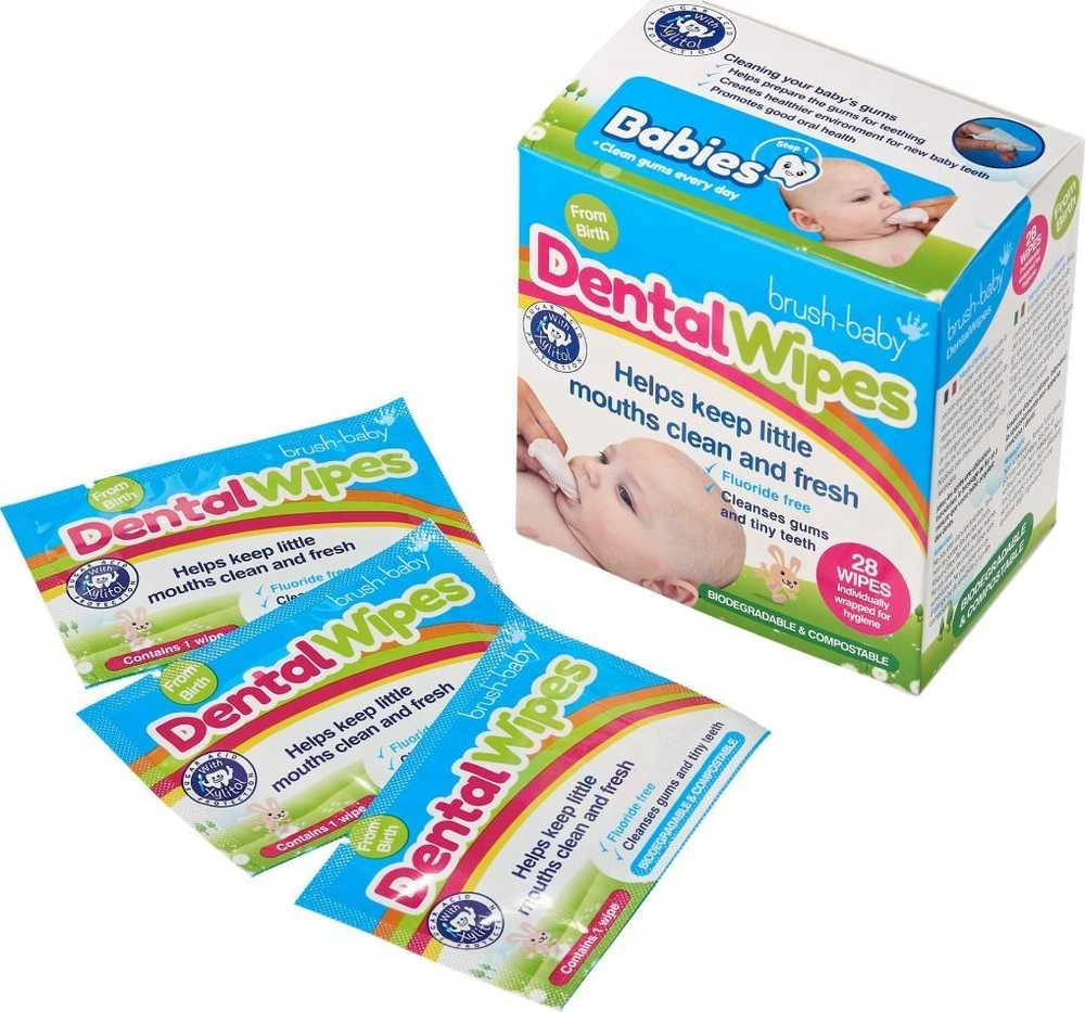 BRUSH BABY_Dantų servetėlės Servetėlės su ksilitoliu dantenoms ir pieniniams dantukams valyti 0-16 mėn. 28 vnt.