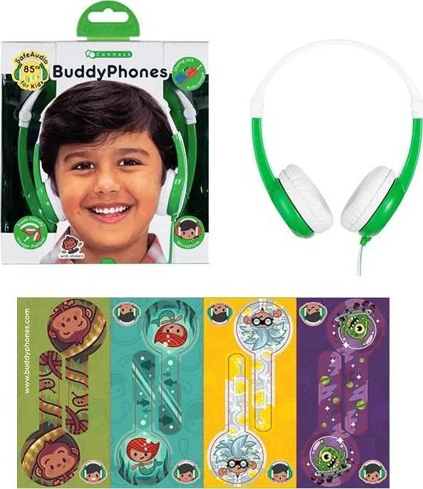 Buddyphones Ausinės vaikams 3+, 85dB, su mikrofonu Connect žalia