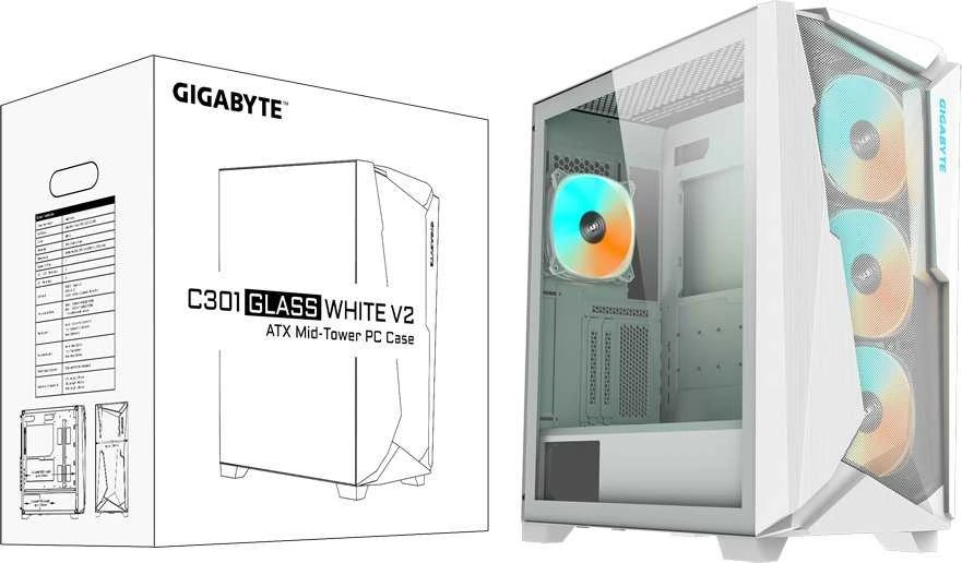 GIGABYTE C301 GW V2, Bokšto tipo korpusas - baltas, Grūdintas stiklas