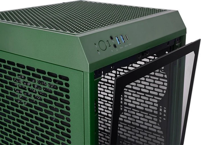 „Thermaltake The Tower 200“, bokšto tipo korpusas – tamsiai žalias, grūdintas stiklas