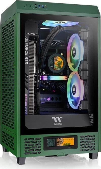 „Thermaltake The Tower 200“, bokšto tipo korpusas – tamsiai žalias, grūdintas stiklas