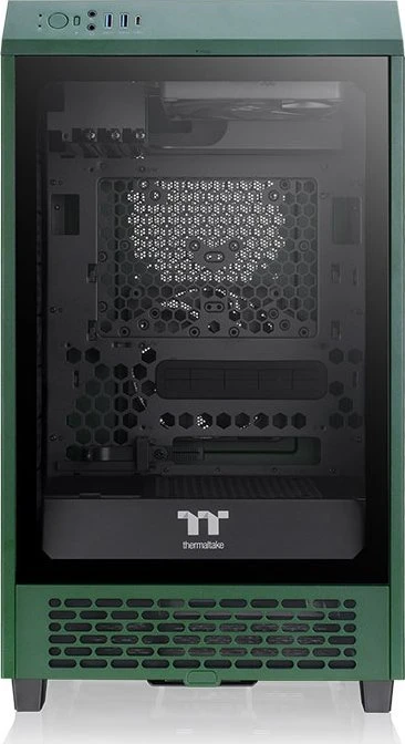 „Thermaltake The Tower 200“, bokšto tipo korpusas – tamsiai žalias, grūdintas stiklas