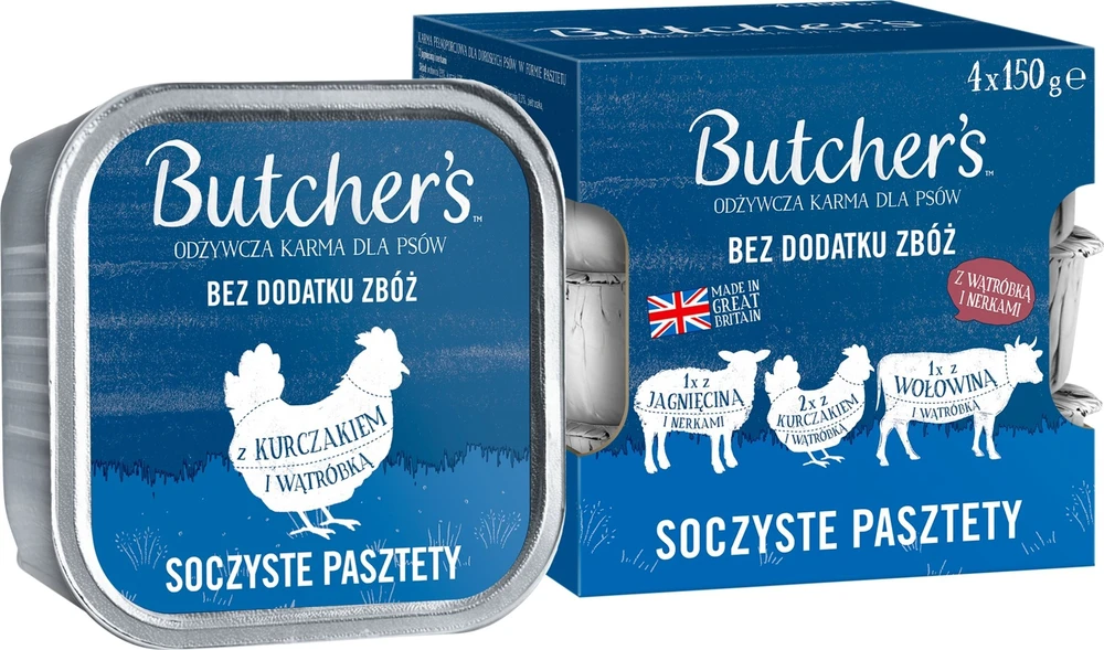 BUTCHER'S Original Mix Juicy paštetai - šlapias šunų maistas - 4 x 150g
