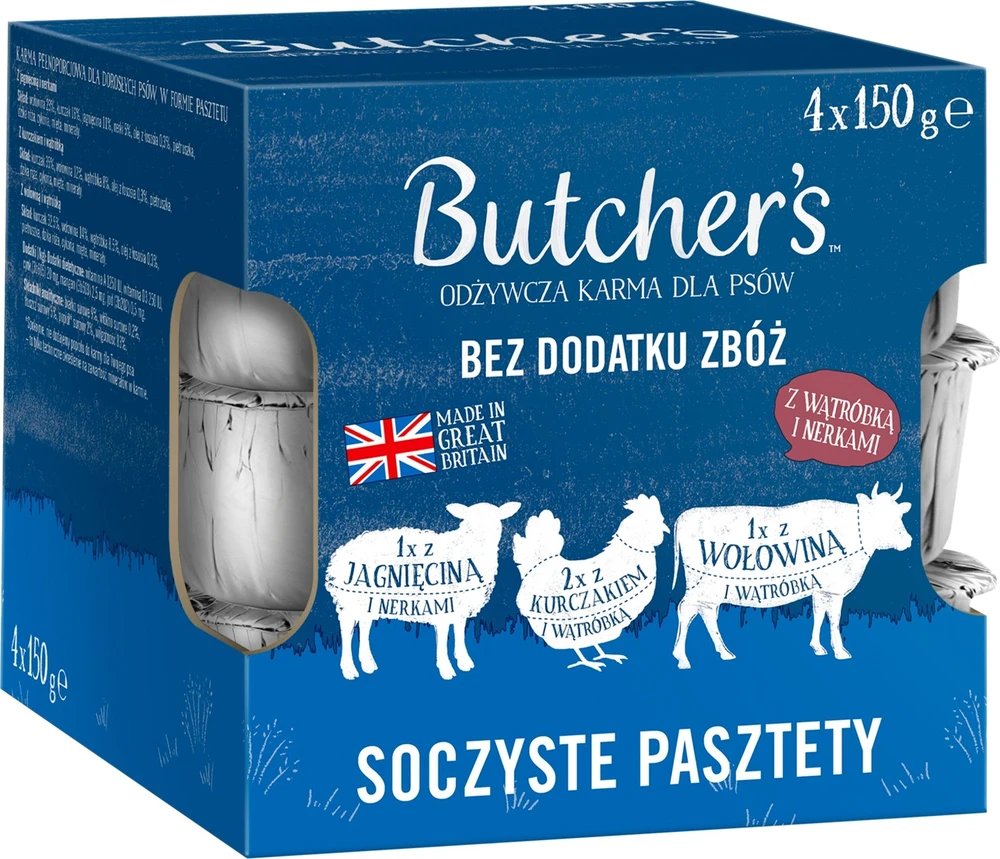 BUTCHER'S Original Mix Juicy paštetai - šlapias šunų maistas - 4 x 150g
