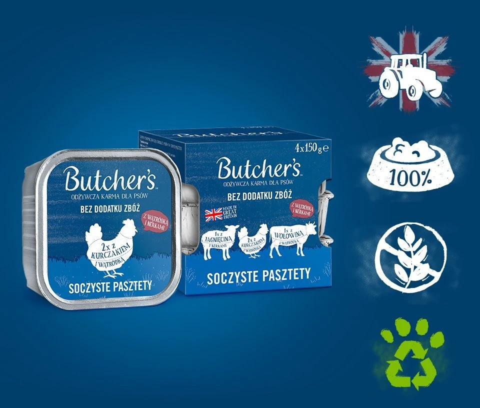 BUTCHER'S Original Mix Juicy paštetai - šlapias šunų maistas - 4 x 150g