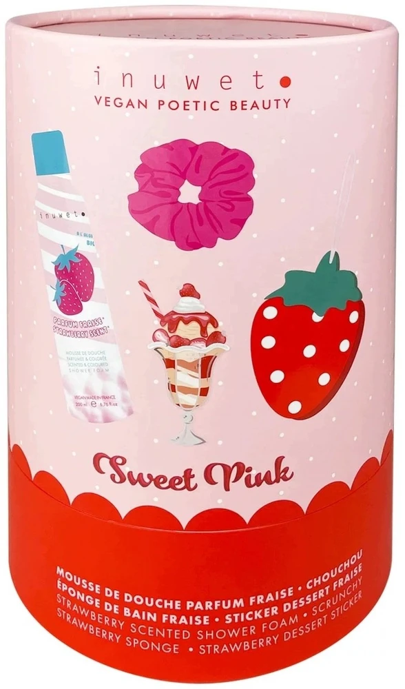 Set Inuwet: Strawberry Cleansing & Moisturising Shower Mousse, 200 ml + Scrunchy Hair Elastic + Strawberry Body Sponge + Strawberry Gift Sticker