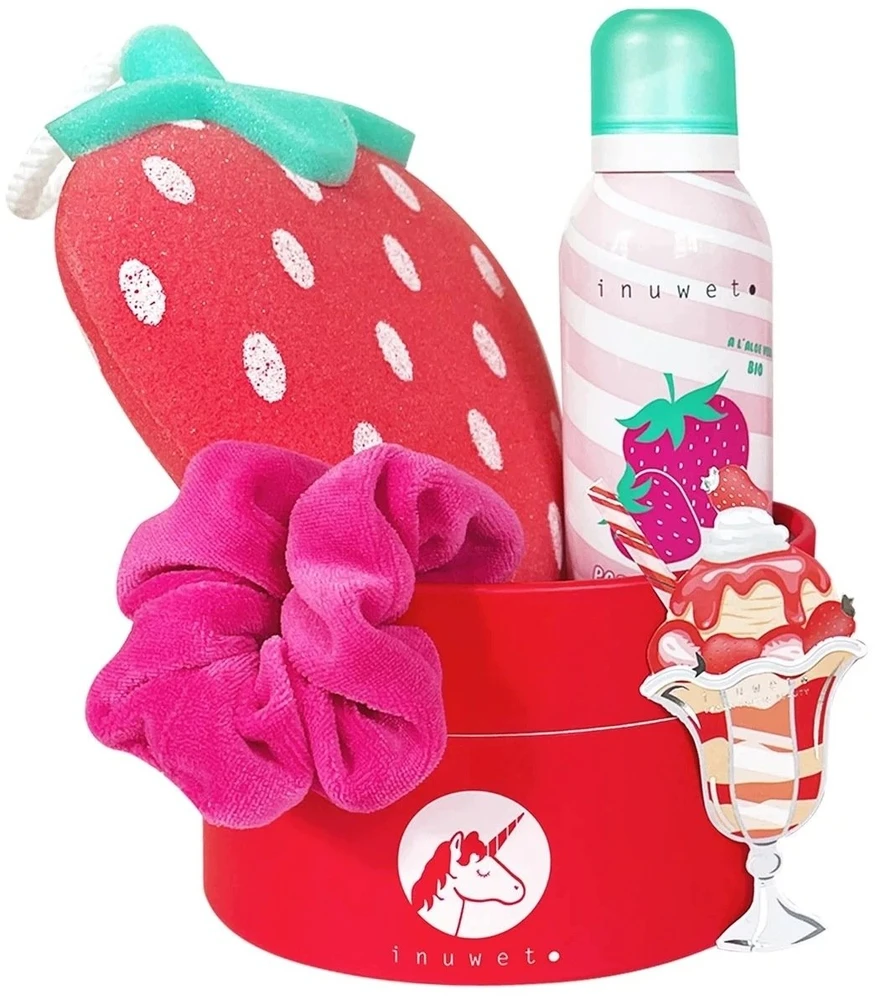 Set Inuwet: Strawberry Cleansing & Moisturising Shower Mousse, 200 ml + Scrunchy Hair Elastic + Strawberry Body Sponge + Strawberry Gift Sticker