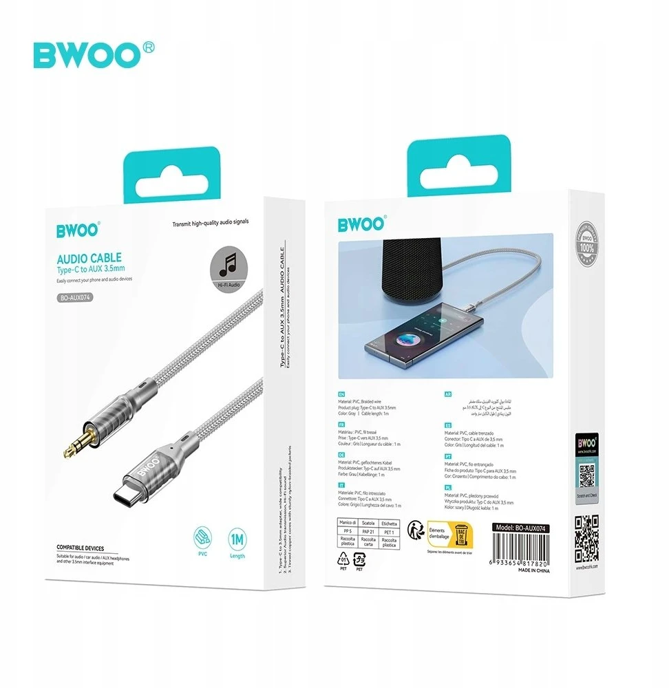 Audio adapteris Bwoo (AUX074) iš USB-C į 3,5mm 1m sidabrinis