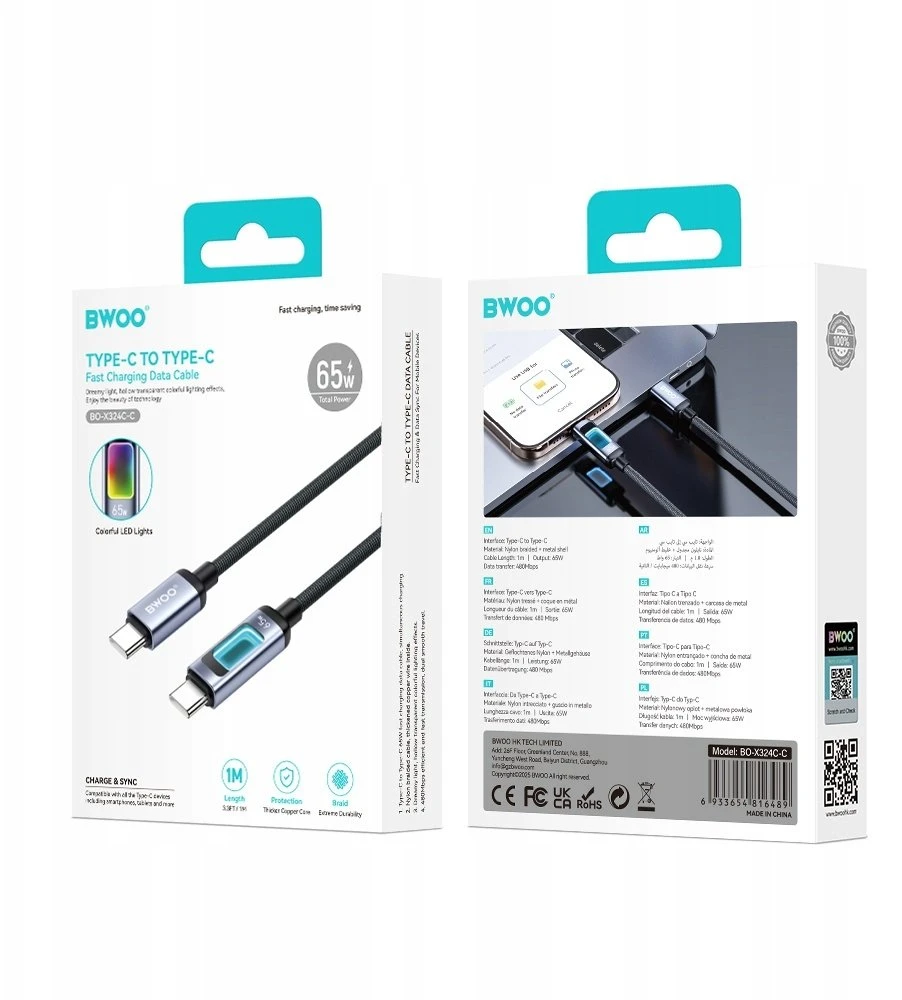 Telforceone BWOO X324CC pintas greito įkrovimo laidas su šviesos ekranu PD 60W USB-C - USB-C