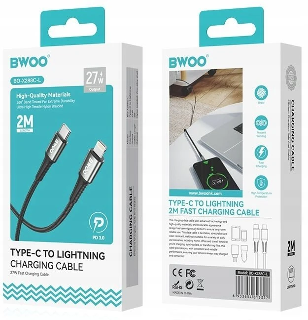 BWOO Pintas laidas USB-C – Lightning 2m 30W juodas