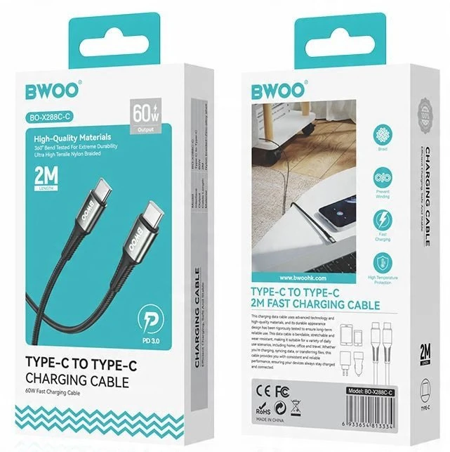 BWOO Pintas laidas USB-C – USB-C 2m 60W juodas