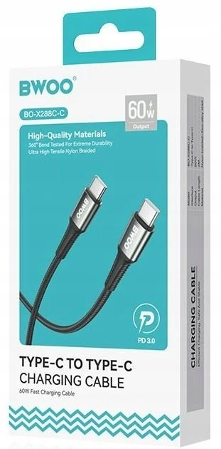 BWOO Braided Cable USB-C - USB-C 3m 60W juodas