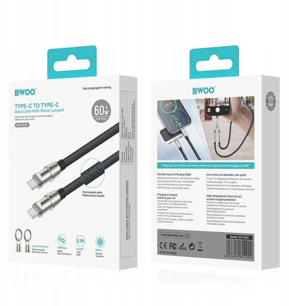 BWOO USB-C – Lightning laidas su dirželiu, 0,3 m, 27 W