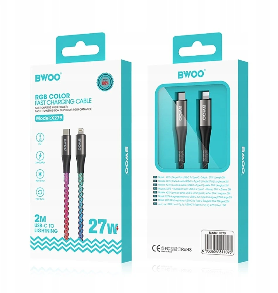 BWOO 27W kabelis X279C-L USB-C į žaibo jungtį su RGB spalvotu apšvietimu