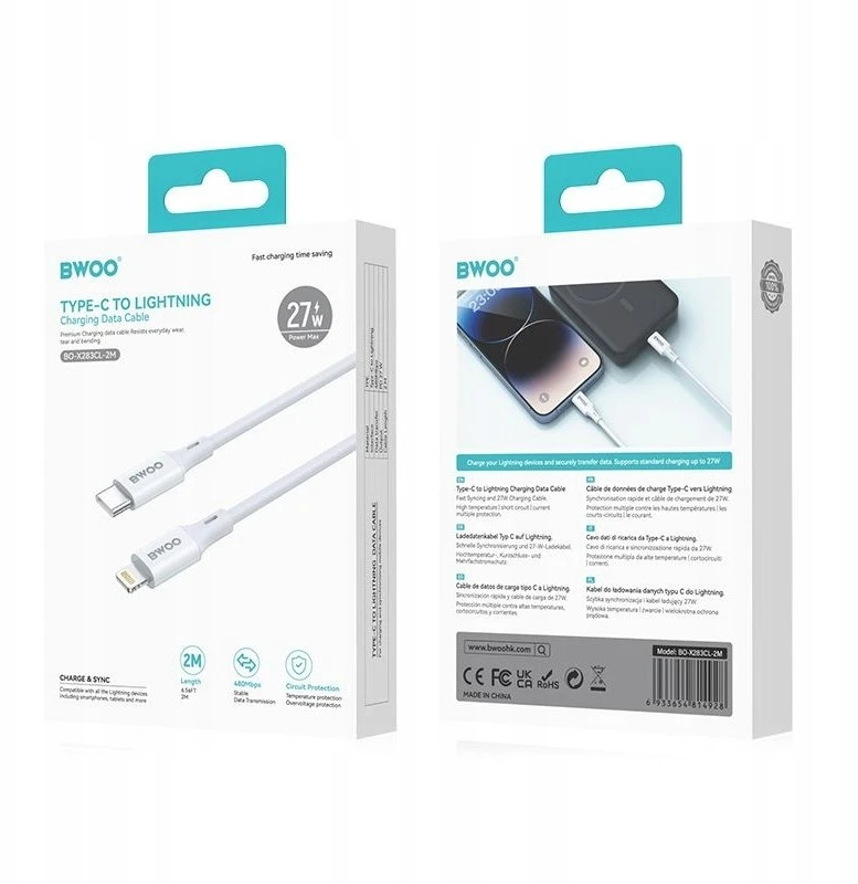 BWOO USB-C – Lightning laidas 2m 27W ABS + TPE baltas
