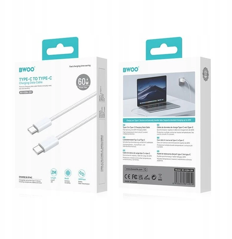 BWOO Kabelis USB-C - USB-C 2m 60W baltas