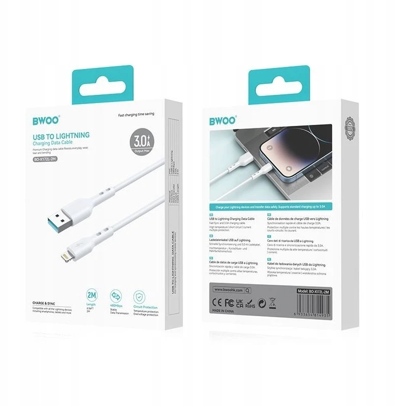 BWOO USB – Lightning laidas 2m 3A baltas