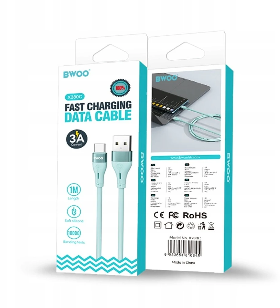 BWOO Minimalistinis silikoninis 3A kabelis X280C iš USB-A į USB-C mėlynos spalvos
