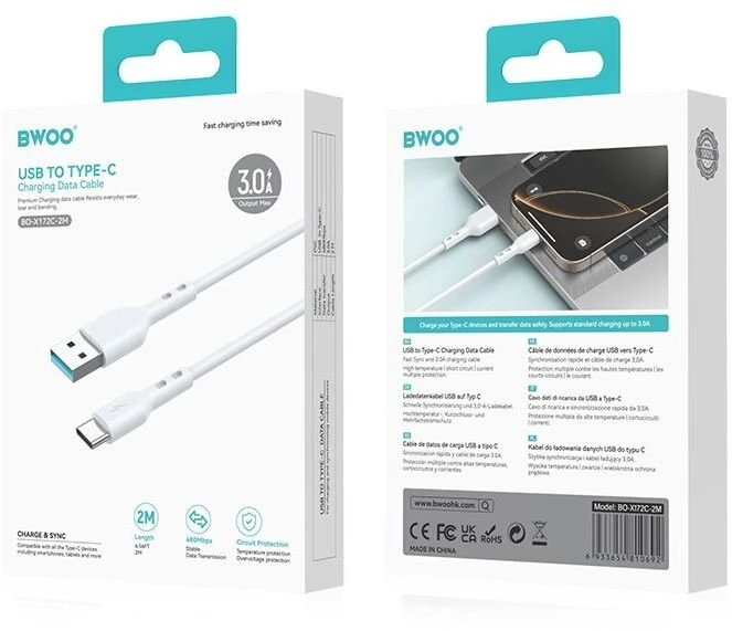 BWOO USB – USB-C laidas 2m 3A baltas