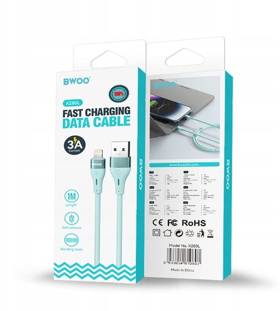 BWOO Minimalistinis silikoninis 3A kabelis X280L iš USB-A į "Lightning", žalias