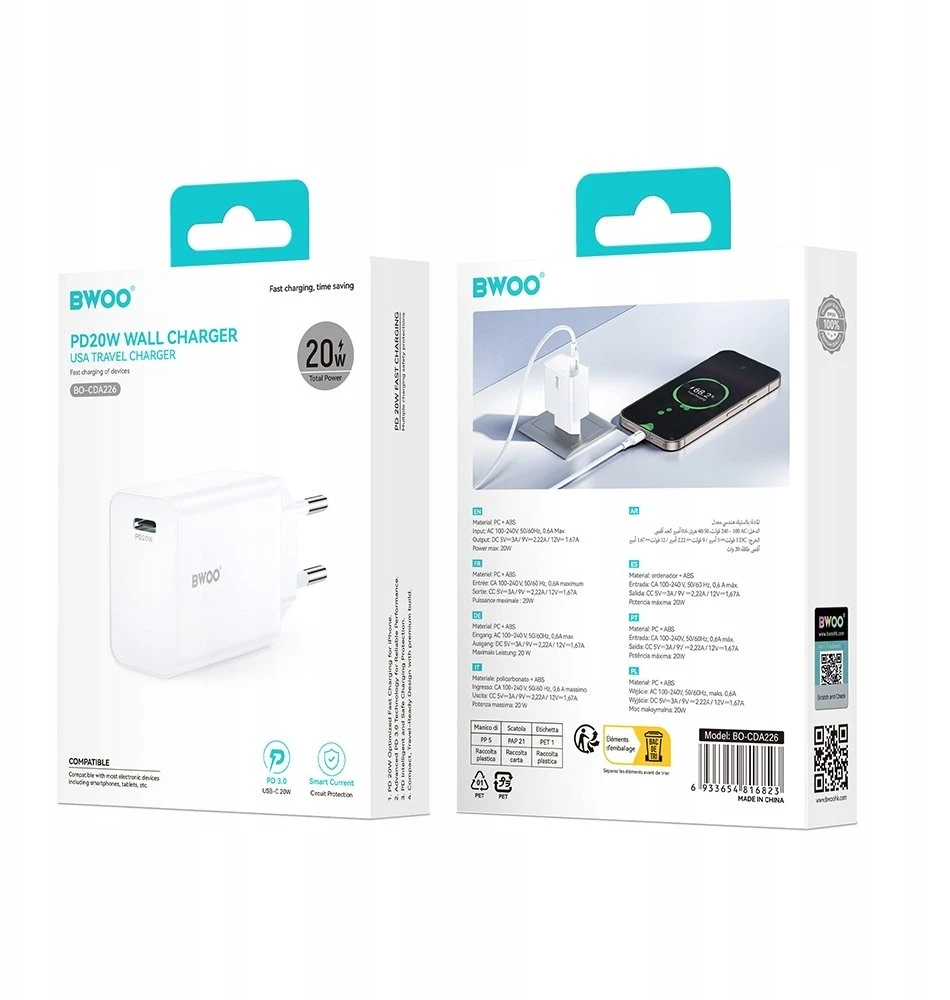 BWOO sieninis įkroviklis 20W CDA226 QC 1x USB-C juodas