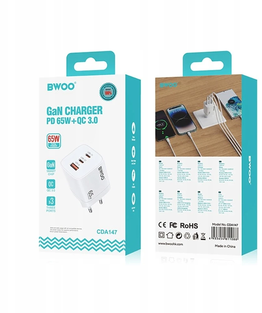 BWOO Greitas 65 W GaN kelioninis įkroviklis CDA147 2 x USB-C, 1 x USB-A