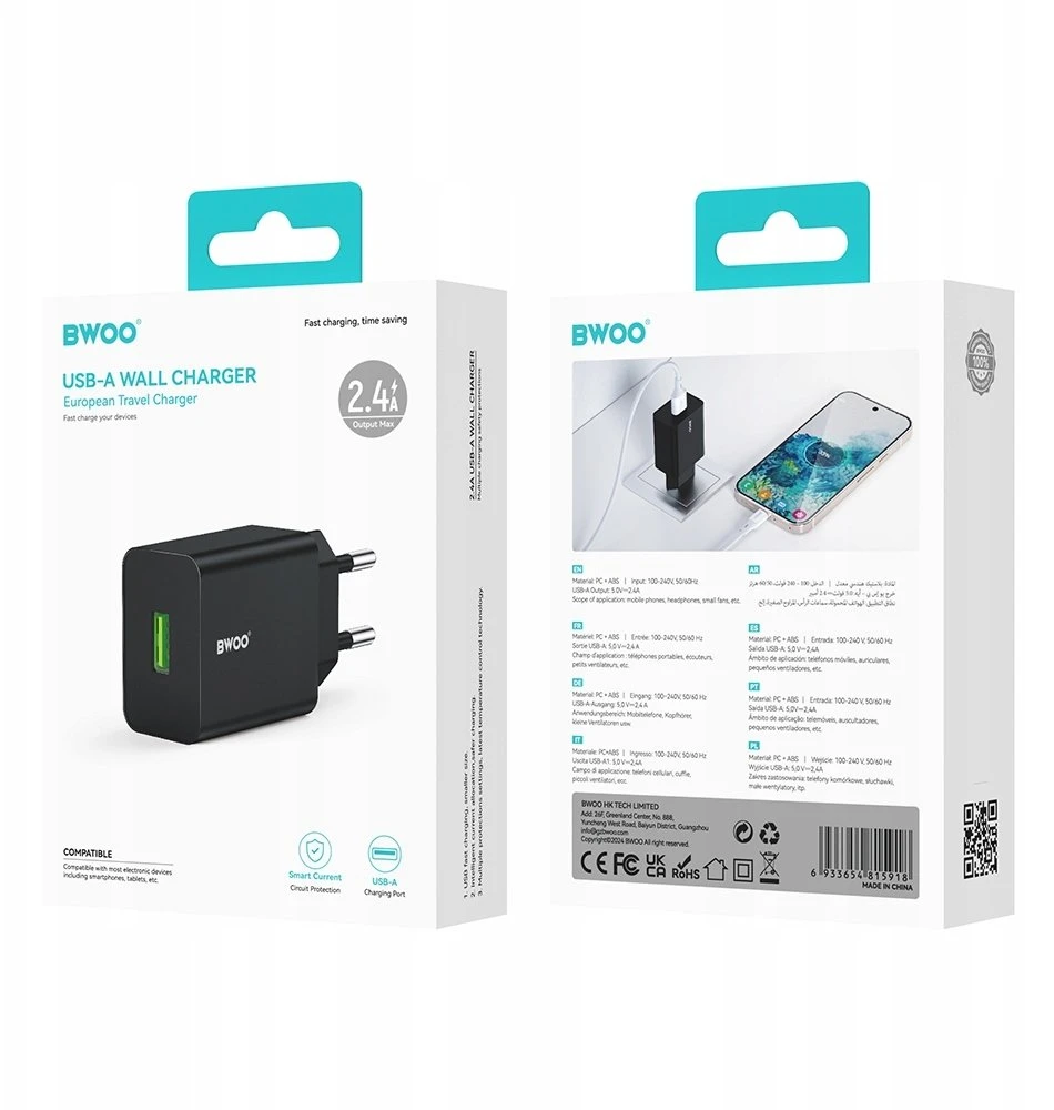 Įkroviklis Bwoo (CDA249) (1xUSB 2.4A) juodas