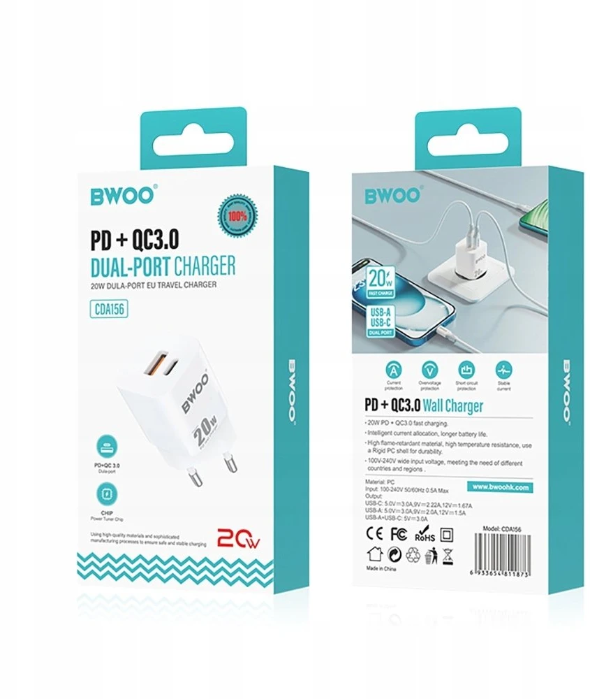 BWOO CDA156 PD sieninis įkroviklis 1x USB-C 1x USB 20W baltas