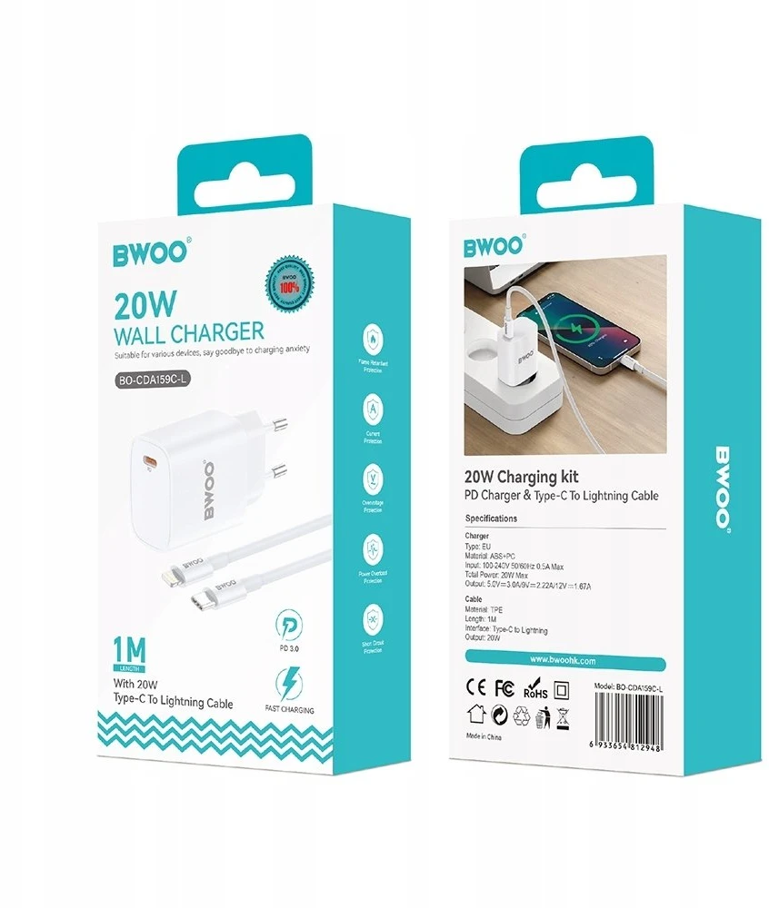 BWOO 20 W sieninis įkroviklis CDA159 su kabeliu iš USB-C į Lightning