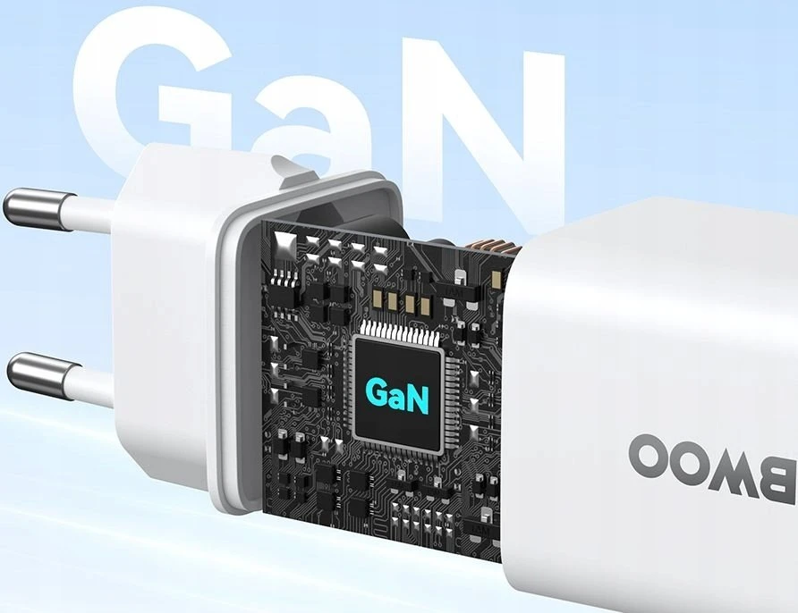 BWOO GaN PD 30W sieninis įkroviklis 1x USB-C jungtis su 60W USB-C 2A laidu, baltas