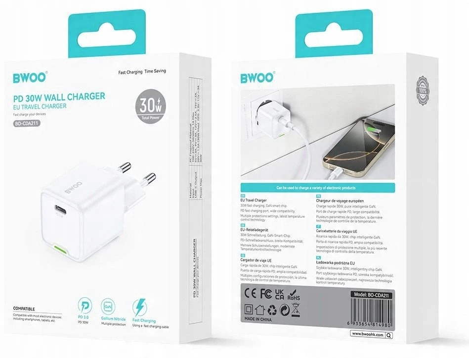 BWOO GaN PD sieninis įkroviklis 1x USB-C prievadas 1A 30W, baltas