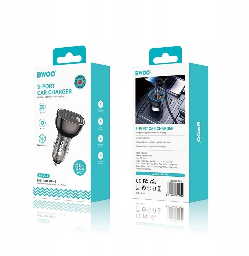 BWOO 68W automobilinis įkroviklis, dvigubas USB-C ir USB prievadas
