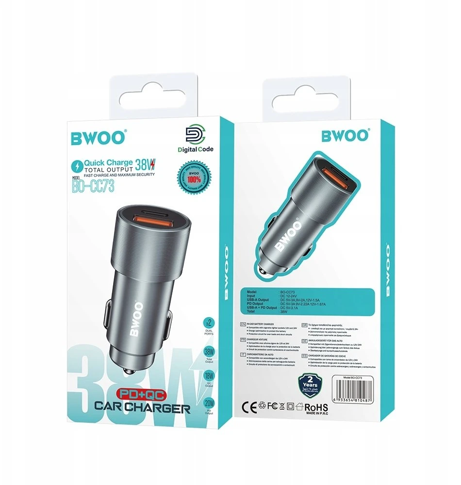 BWOO 38W greitasis automobilinis įkroviklis BO-CC73 QC 18W + PD 20W, pilkai sidabrinis