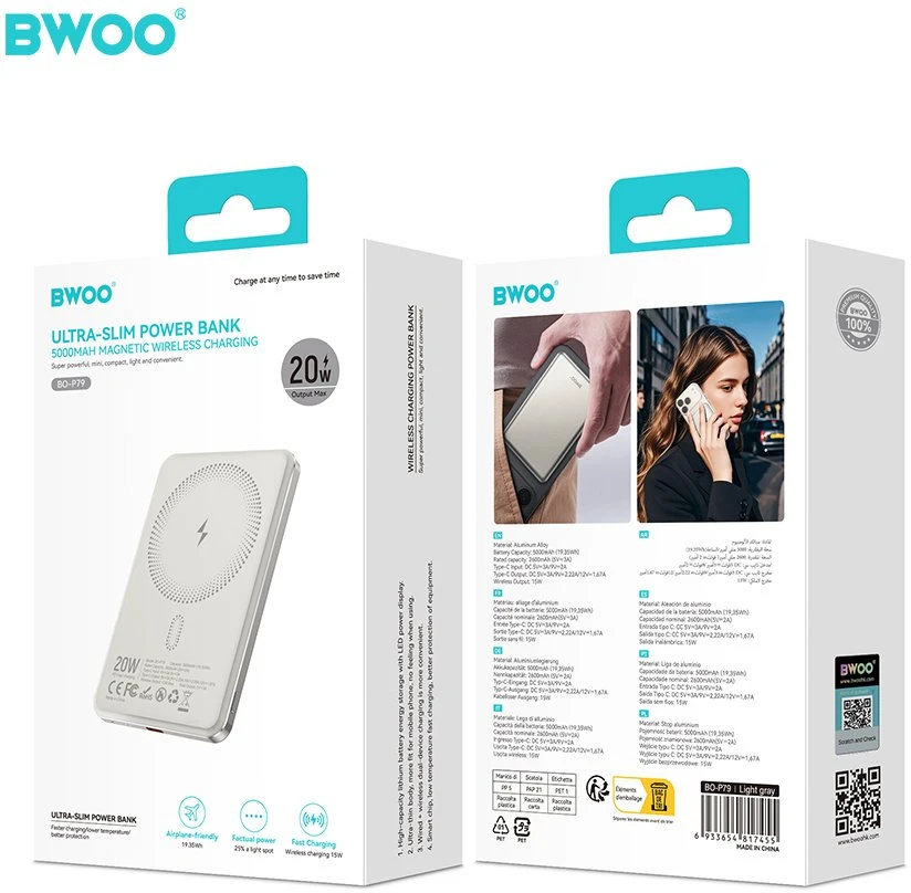 BWOO itin plonas išorinis akumuliatorius 20W 5000mAh su magnetiniu įkrovimu P79 šviesiai pilkas