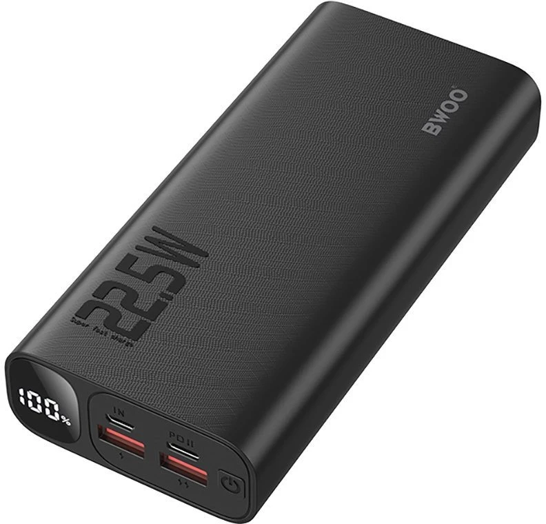 BWOO išorinė baterija 22,5 W, 20000 mAh su LCD ekranu, juoda