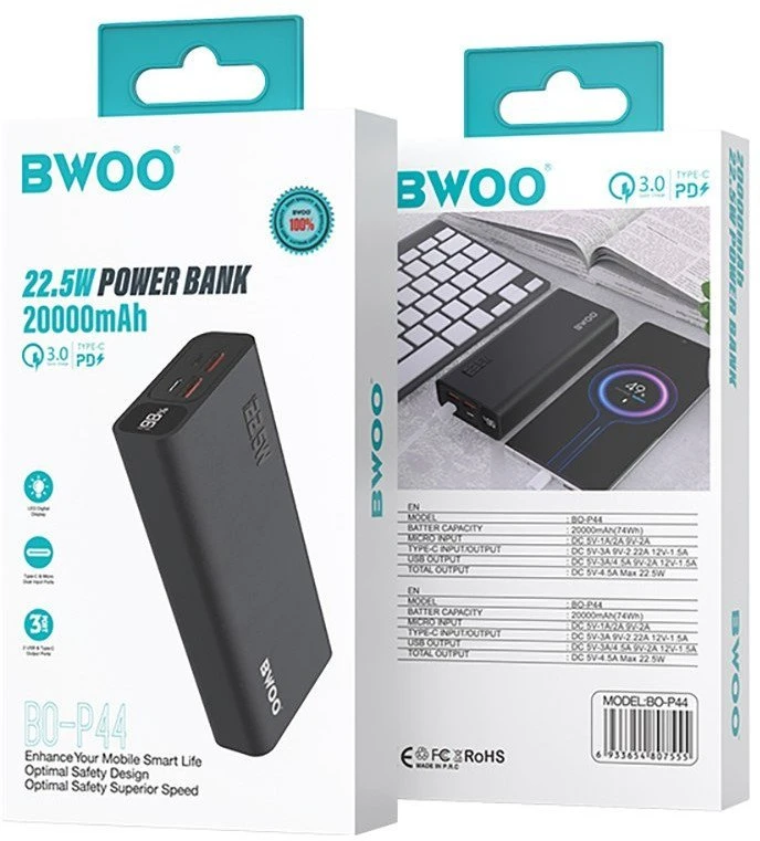 BWOO išorinė baterija 22,5 W, 20000 mAh su LCD ekranu, juoda