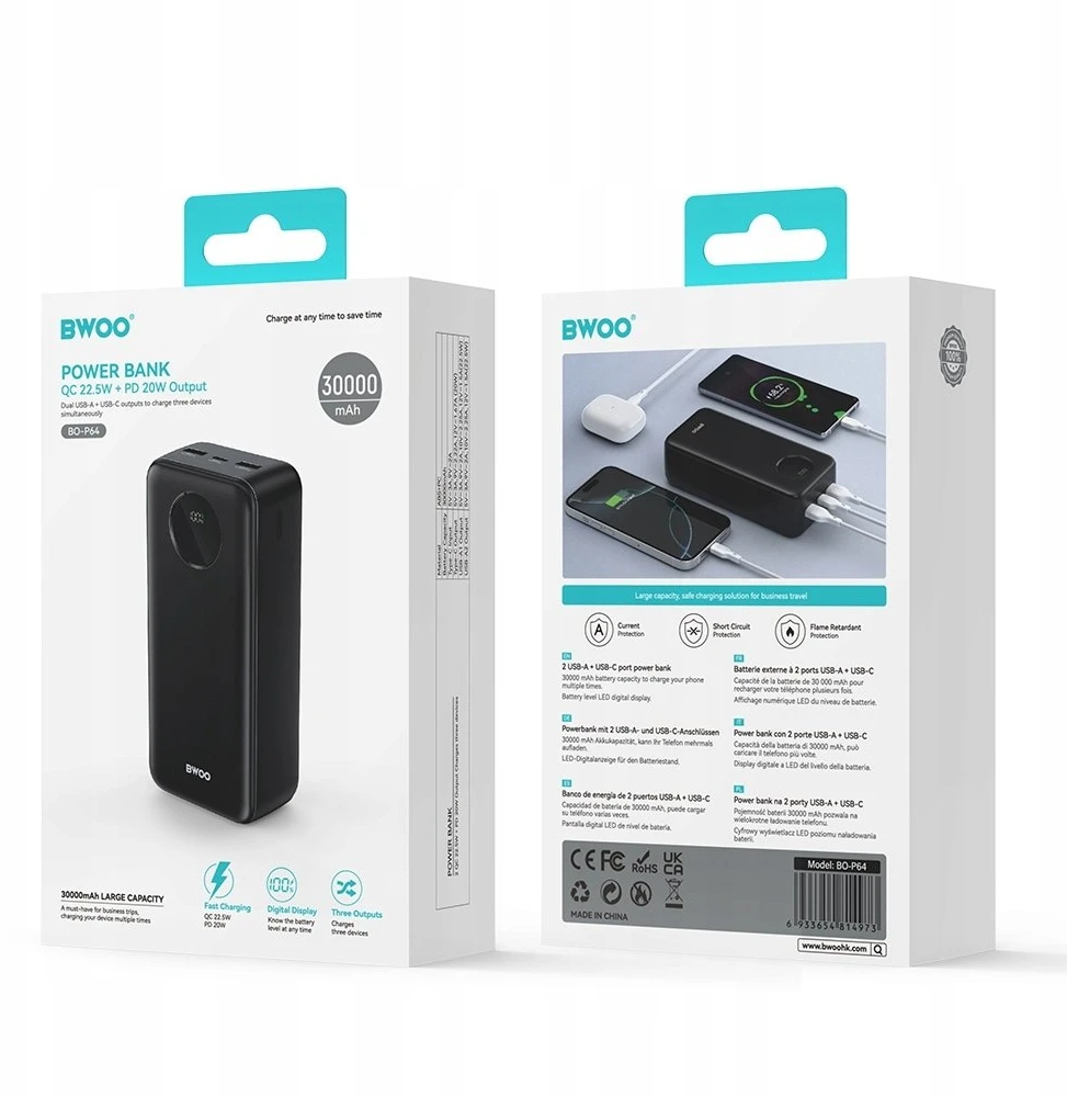 Išorinė baterija POWER BANK Bwoo (BO-P64) 30000mAh (2xUSB; 1xUSB-C; 22,5W) juoda