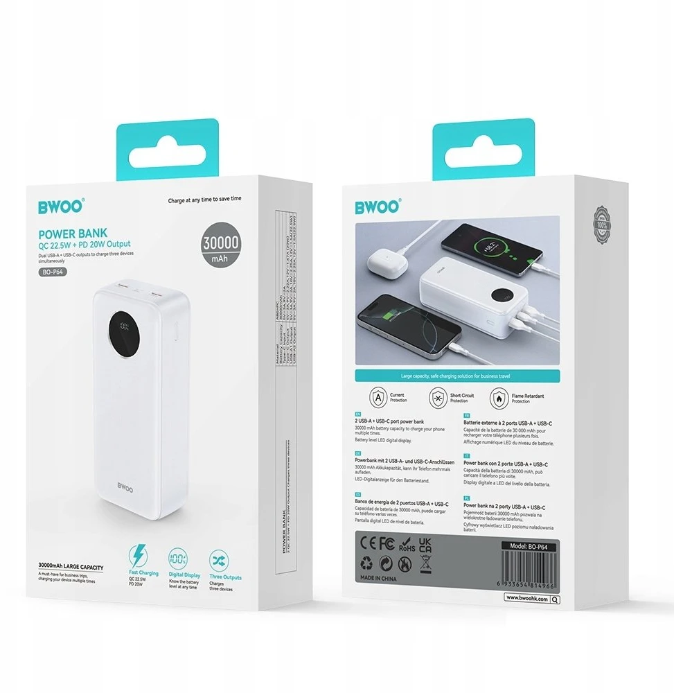 Išorinė baterija BWOO BWOO Išorinė baterija 22,5 W 30000 mAh su LCD ekranu balta