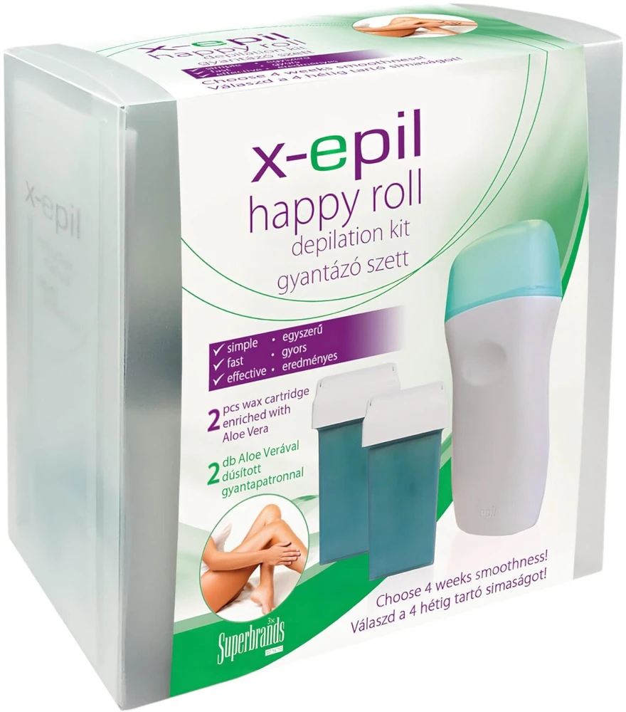 X-Epil rinkinys: Happy Roll Aloe Vera šilko efektu vyniojamas depiliacinis vaškas kūnui, papildymas, 2 vnt., 50 ml + Happy Roll Aloe Vera šilko efektu vyniojamas depiliacinis vaškas kūnui, papildymas, 50 ml + X-Epil depiliacinės vaško juostelės kojoms, 10 vnt.